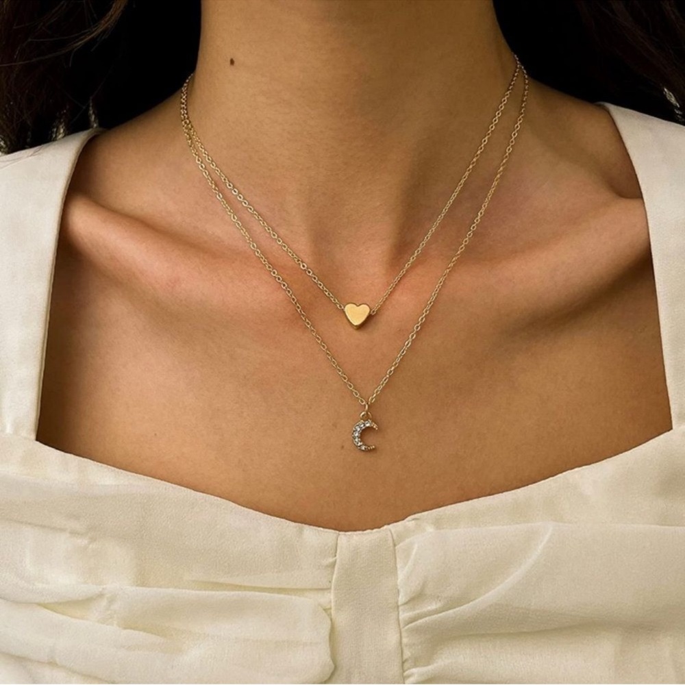 14k Gold Plated Heart & Moon CZ Layered Necklace